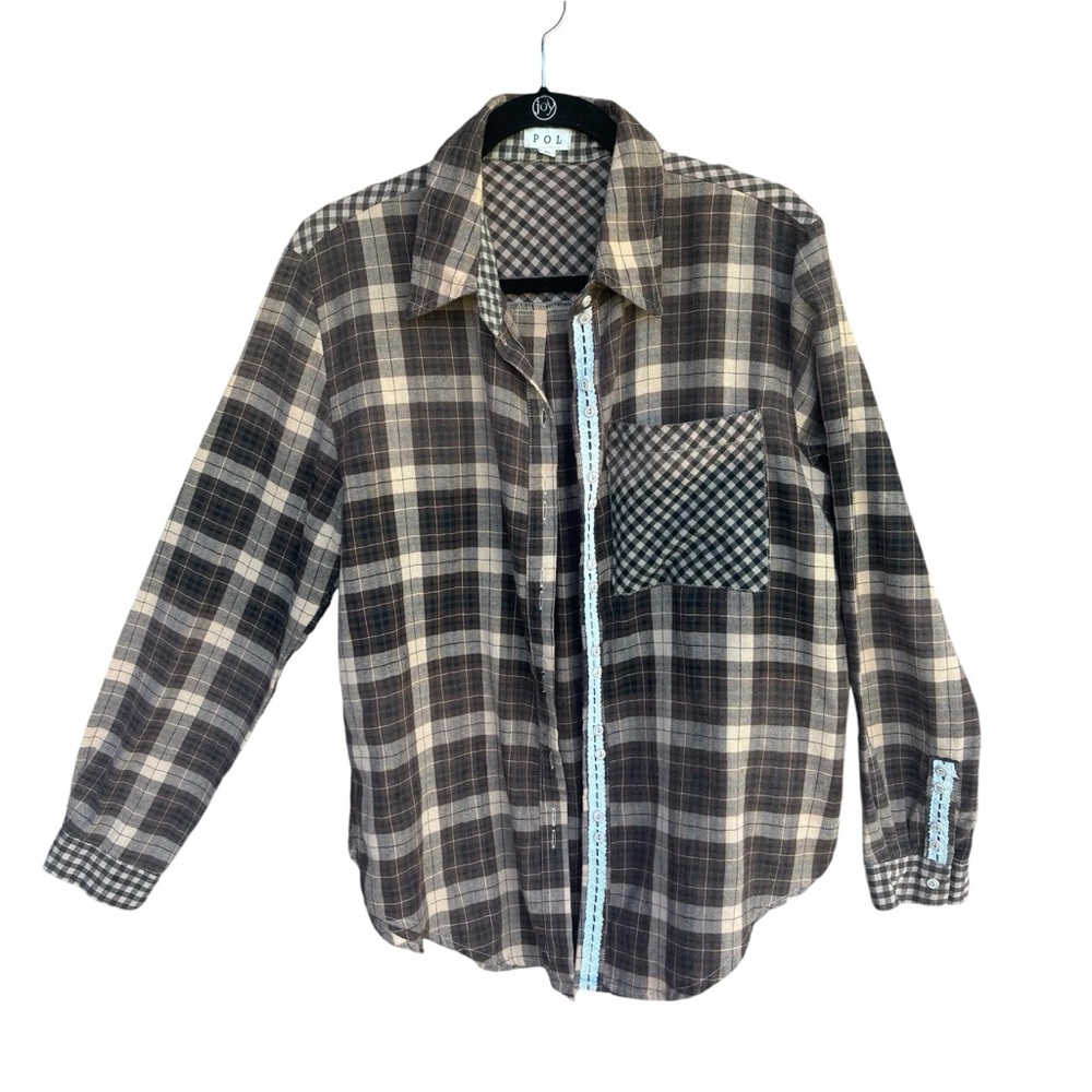 POL Oversized Brown Plaid Oversized Shirt Tunic Shacket Slouchy Button Down SM